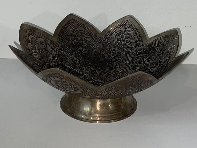 Engraved Brass Pedestal Bowl Etched Design Floral Motif Made In India VINTAGE