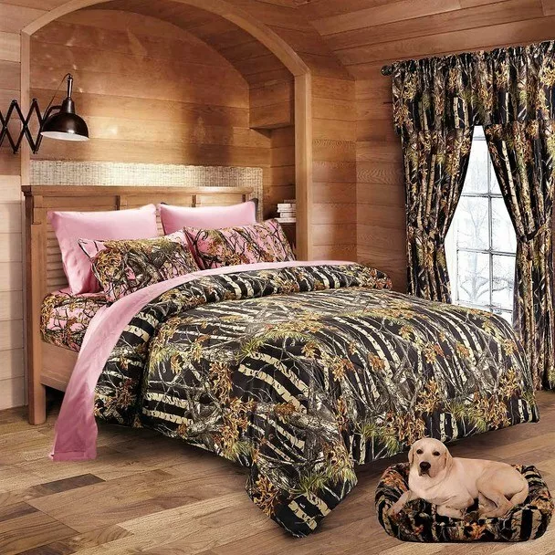 7 Pc Cal King Black Woods Camo Comforter And Pink Sheet Set California King
