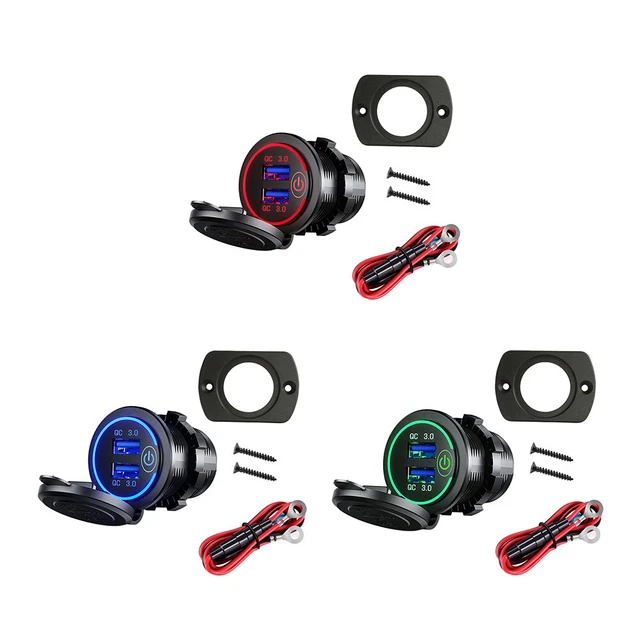 12V-24V QC3.0 Car Dual USB Charger With Voltmeter - Fast Charge Socket (Black/Red/Blue)