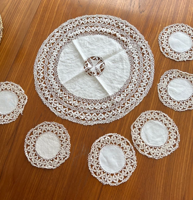Antique Ivory Maltese Lace Table Mats 1 Large & 6 Small Crochet Doilies / b45 Antique Ivory Maltese Lace Table Mats 1 Large & 6 Small Crochet Doilies / b45