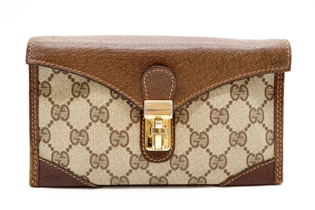 Old Gucci Vintage Long wallet Unisex Push lock GG plus PVC leather Brown 1583k