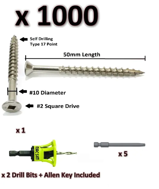 1000 x 10g x 50mm Stainless Steel SS304 Decking Screws + Pre drilling Tool