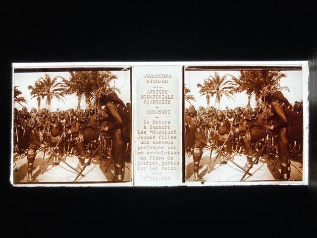 JEUNES FILLES OUBANGUI PLAQUE VERRE 45x107 VUE STEREOSCOPIQUE VERASCOPE RICHARD