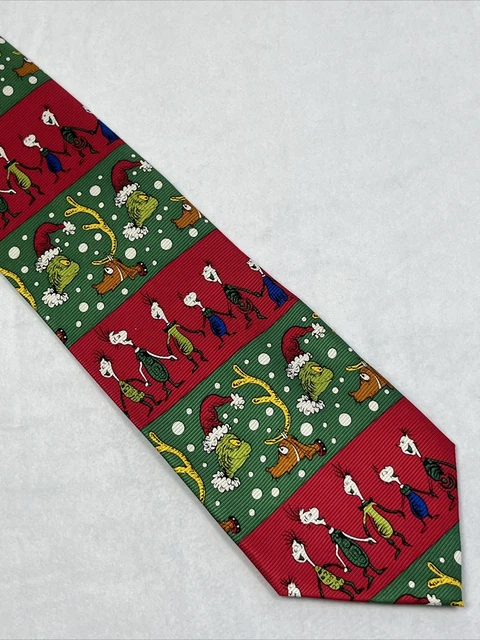 Dr Seuss Mens Tie Red w/ Grinch Pattern How the Grinch Stole Christmas 100% Silk