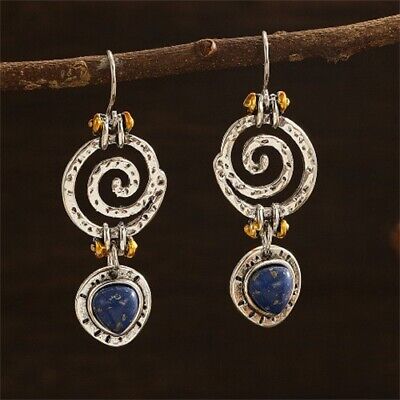 1Pair Lapis Lazuli Tibetan Silver Heart Circle shape Pendant Bead Earring fEH420