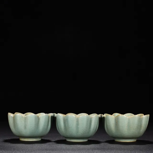 3.5" old antique song dynasty ru kiln porcelain cyan glaze louts cup 3 pcs 1 set