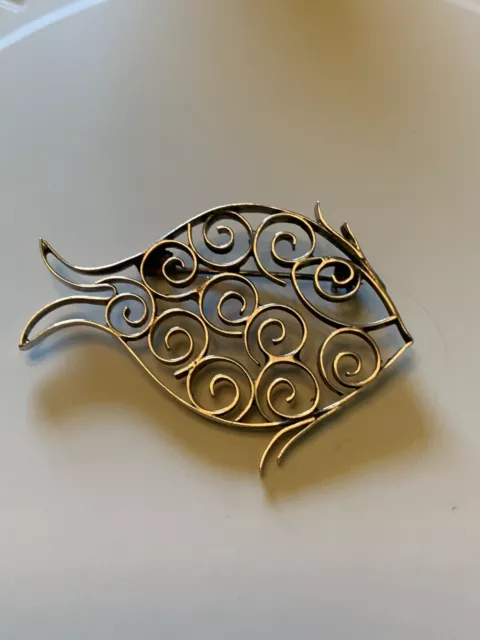 Taxco Mexican Sterling Silver Fish Pin Open Scrollwork 2” Signed