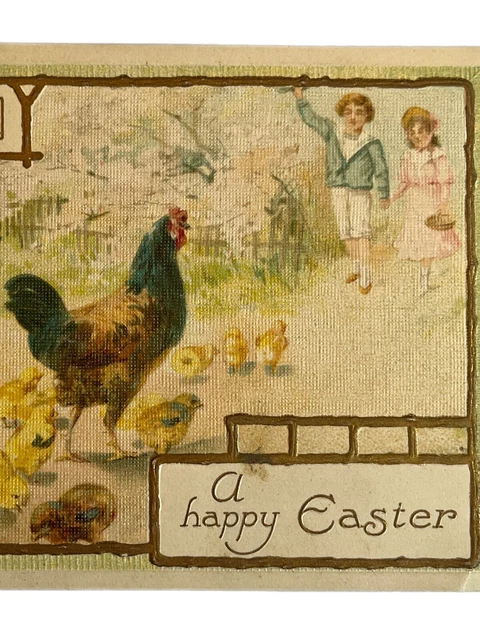 Antique 1914 Easter Greetings Postcard Boy Girl Chickens With Hatched Chicks SEE