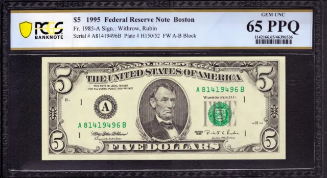 1995 $5 Federal Reserve Note Boston Fr.1985-A Ab Block Pmg Gem Unc 65 Epq
