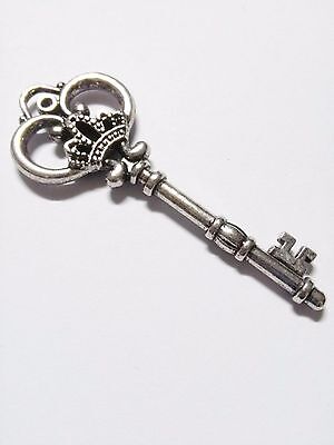 Large Key Pendant Skeleton Key Pendant Antiqued Silver Ornate Thick Skeleton Key