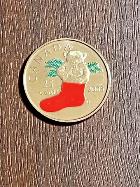 2005 Commemorative Canadian Christmas Bear in Red Stocking Quarter $0.25