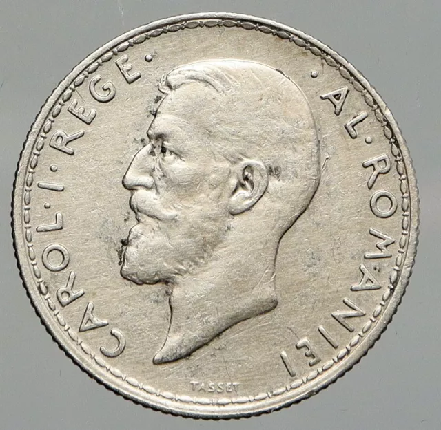 1912 ROMANIA under King Carol I Prince Karl VINTAGE OLD Silver 2 Lei Coin i92954