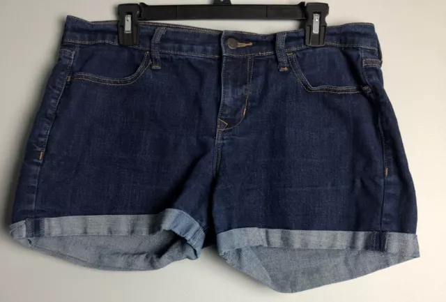 Old Navy Women's Blue Denim Shorts Size 12 Rolled Cuff Mid Rise Dark Wash