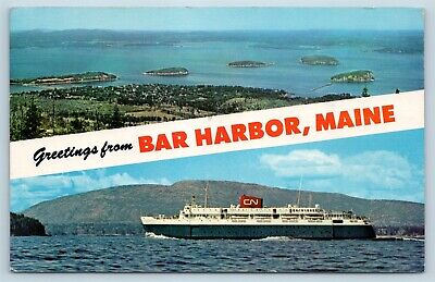 Postcard ME Banner Dual View Greetings From Bar Harbor Maine Vintage #5 O16