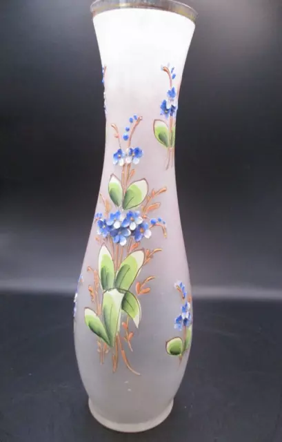 Czech Bohemian Art Glass Raised Enamel Forget Me Nots Frosted Vase
