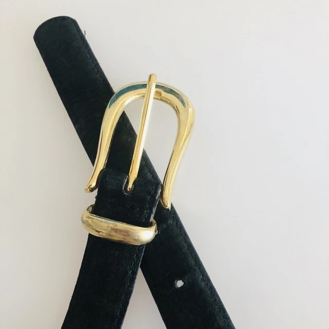 EUC Vintage 1980s 1990S Suede Belt Black Leather Gold Tone Buckle -Small- 25-29”