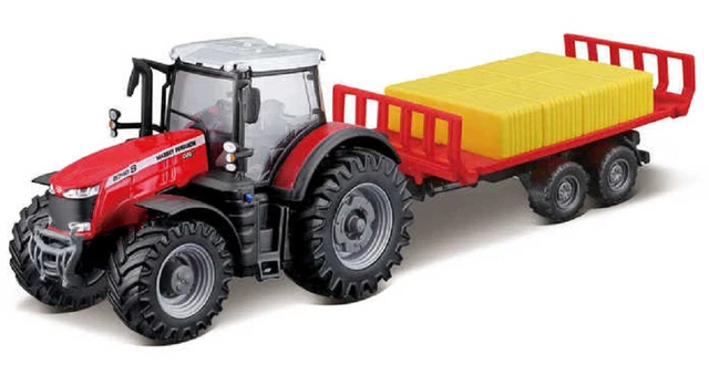 Burago Massey Ferguson Tractor With Bale Trailer 10Cm - 31675 Farm Pig Cow Toy
