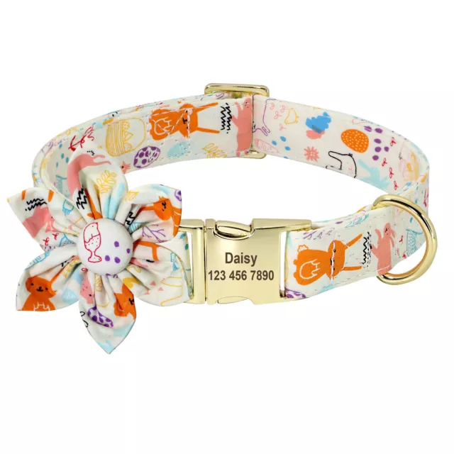 Personalised Nylon Dog Collar with Big Flower Engraved Pet Puppy Name Adjustable 3