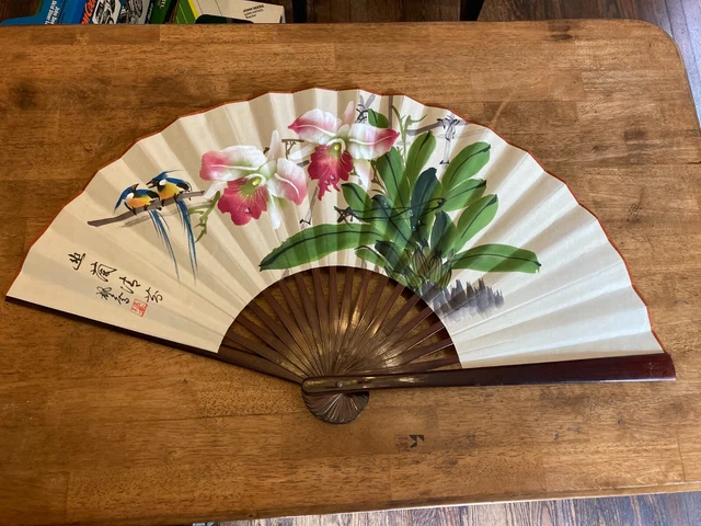 Hand Painted Signed Stamped Chinese Hanging Fan - Floral / Birds