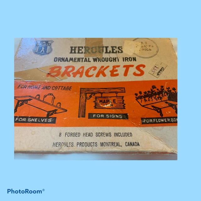 Wrought Iron Brackets with 8 Forged Head Screws & Original Box -Vintage