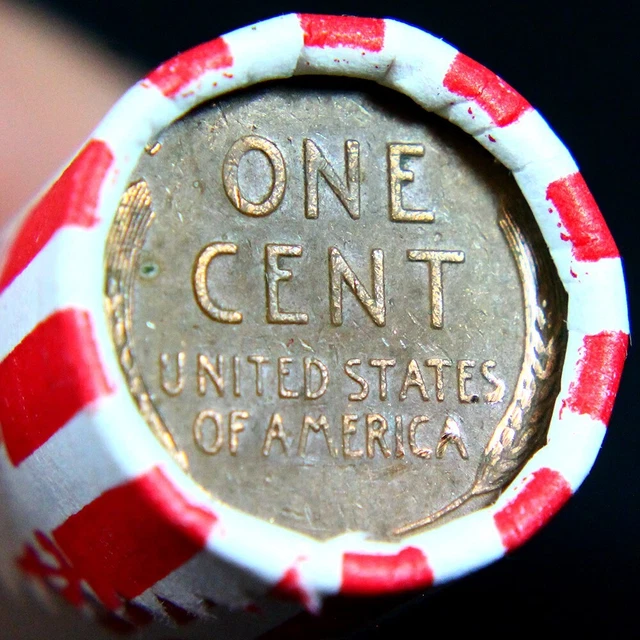 Indian Head Penny Reverse Showing On End Of 50 Coin Wheat Cent Shotgun Roll 2