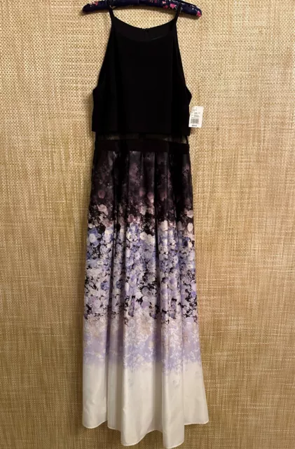 Betsy & Adam Gown Size 16 Black Purple Floral Halter Mesh Prom Formal Dress NWT