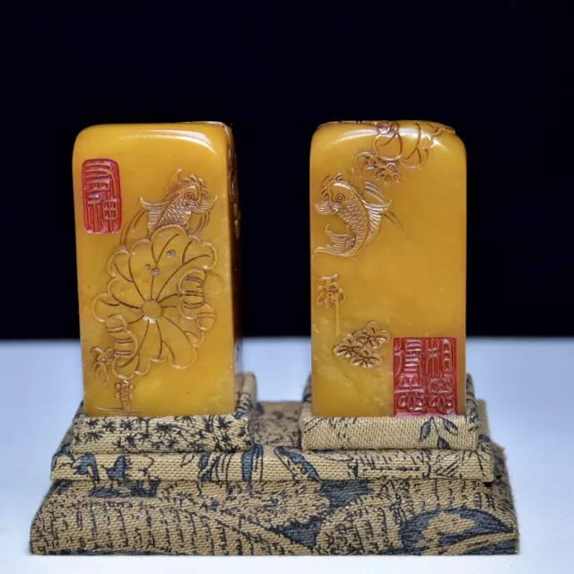 Chinese Exquisite Handmade lotus fish carving Shoushan Stone Statue Seal