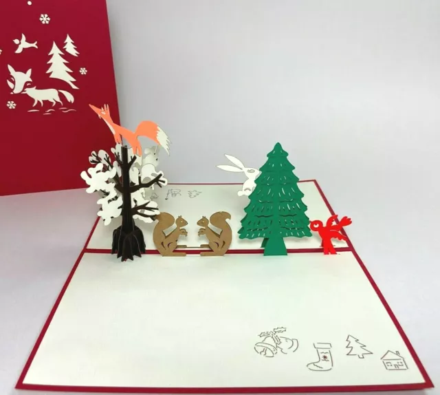 Winter Forest Pop Up Christmas Card. 3D Animals Merry Christmas Greetings Card