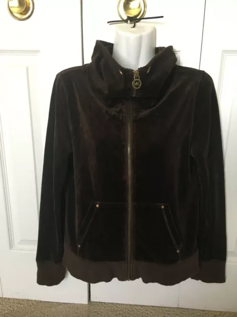Michael Kors Women's Dark Brown Velour Drawstring Pockets Full Zip Jacket Size S