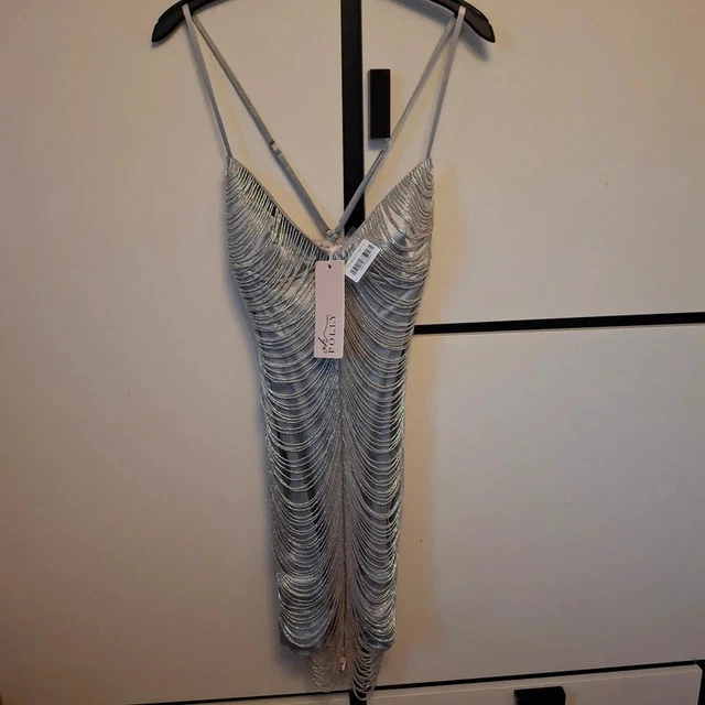silver oh polly dress Velar Embellished Cowl-Neck Mini Dress in Silver