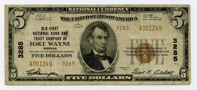 1929 TYPE 2 $5 NATIONAL CURRENCY OLD FNB&T of FORT WAYNE, INDIANA CH 3285