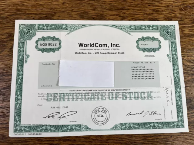 Vtg WorldCom Inc 4 Common Share Stock Certificate 2001 Georgia