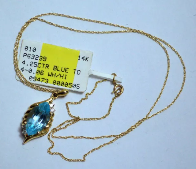 NEW 14k Yellow Gold Chain w/Marquise Cut 4.25CTR Blue Topaz & Diamonds Pendant!