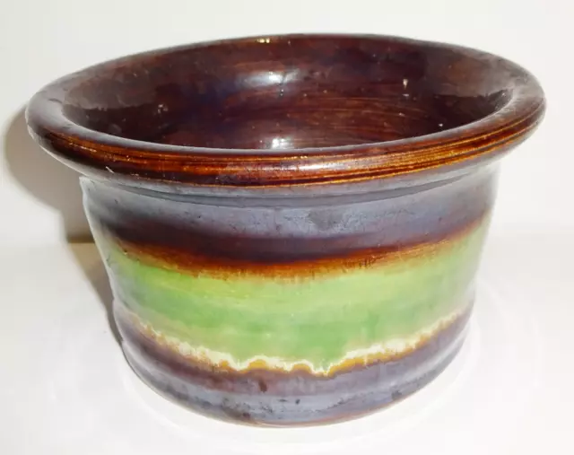 Vintage Primitive Hand Made Hand Spun Glazed Painted Pottery Brown Green Bowl