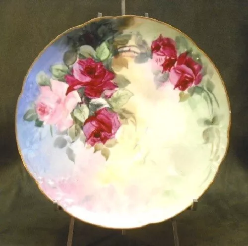 Vintage 8-1/2 inch Hand Painted Roses Porcelain Plate w/ Gold Scalloped Edge