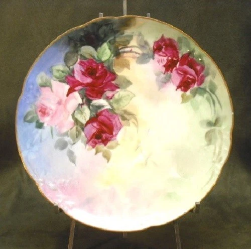 Vintage 8-1/2 inch Hand Painted Roses Porcelain Plate w/ Gold Scalloped Edge