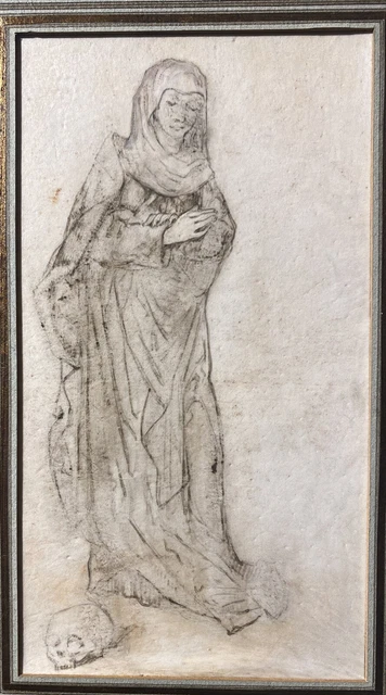 DESSIN ANCIEN ENCRE Parchemin Portrait Marie Madeleine Moyen Age Vanité ...