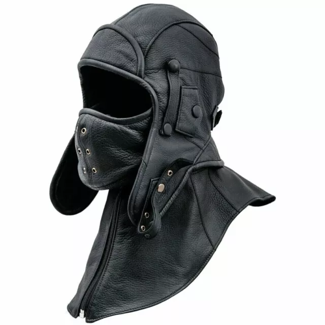 100 % Real Leather Aviator Cap with Collar and face cover Pilot - -Tactical Hood