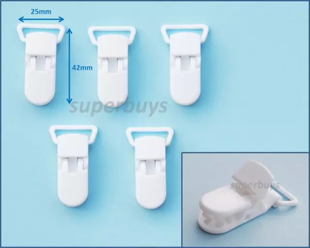 5pc White Plastic Suspender Bib Pacifier Webbing Strap Clips Buckles Ribbon KAM