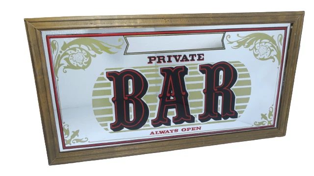 Personalize PRIVATE BAR ALWAYS OPEN Framed Mirror Glass Sign Man Cave 17" x 9.5"