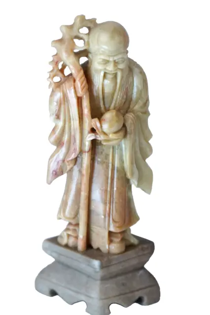 Chinese Soapstone Statue Carving Shou Lao God of Longevity Figurine 6"