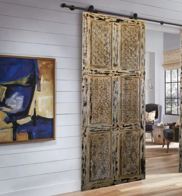 Vintage Rustic Carved Barn Door, Eclectic Door, Distressed Wood, Sliding Door 96 3