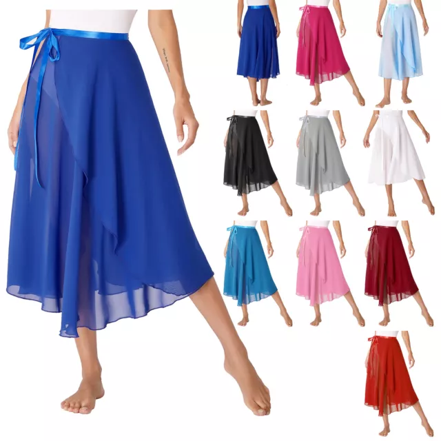 US Women Lace Up Flowy Skirt High Waist Midi Skirts Ballet Modern Dance Costume 2