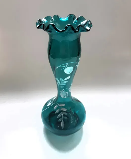 Antique Hand Blown Green Teal Glass Vase 7.5” Hand Painted Floral Ruffled 1880s
