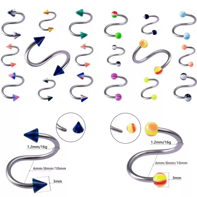 5/10/20pc Steel Twist Bar Ear Lip Eyebrow Ring Acrylic Ball Cone Spiral Piercing