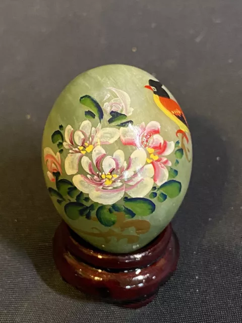 Hand Painted Jade Egg with Flowers and Bird W Stand