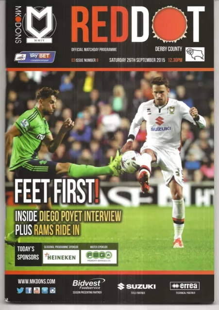 Football Programme plus Teamsheet MK DONS v DERBY COUNTY Sept 2015