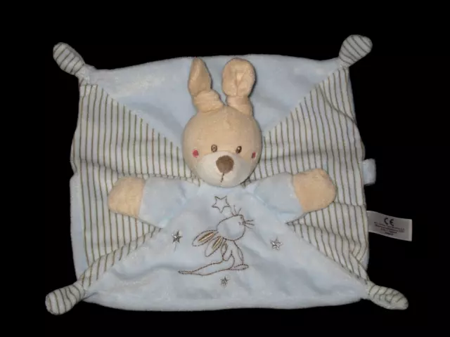 Doudou carré plat Lapin bleu rayé marron attache tétine Nicotoy Simba étoiles