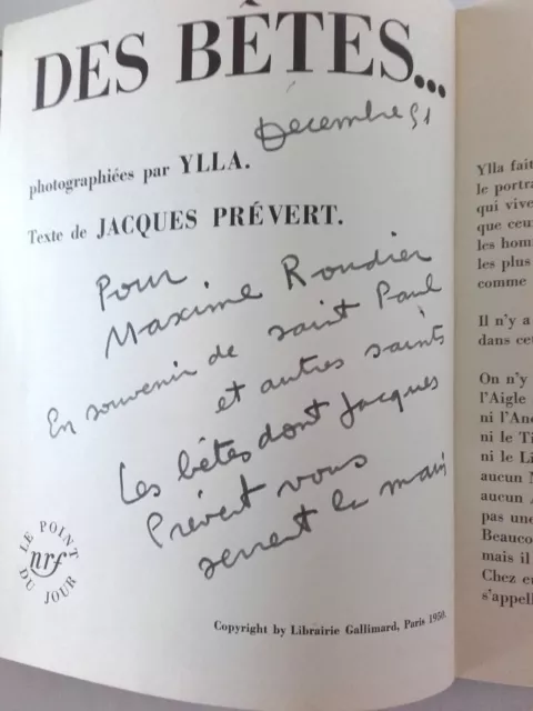 Ylla Prévert des Bêtes 1950 dédicace Jacques Prévert