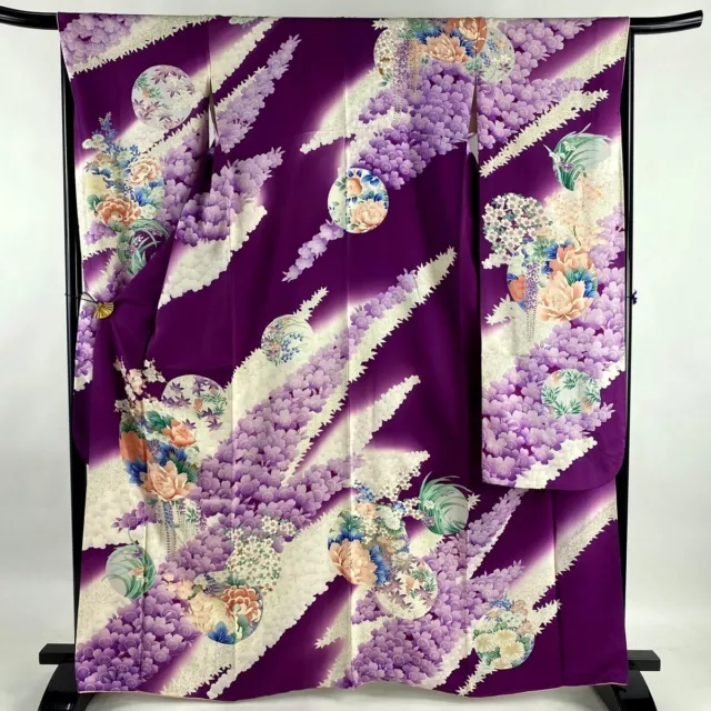 Japanese kimono SILK"FURISODE" long sleeves,Silver leaf,Peonies,Plum,L5' 5".3455